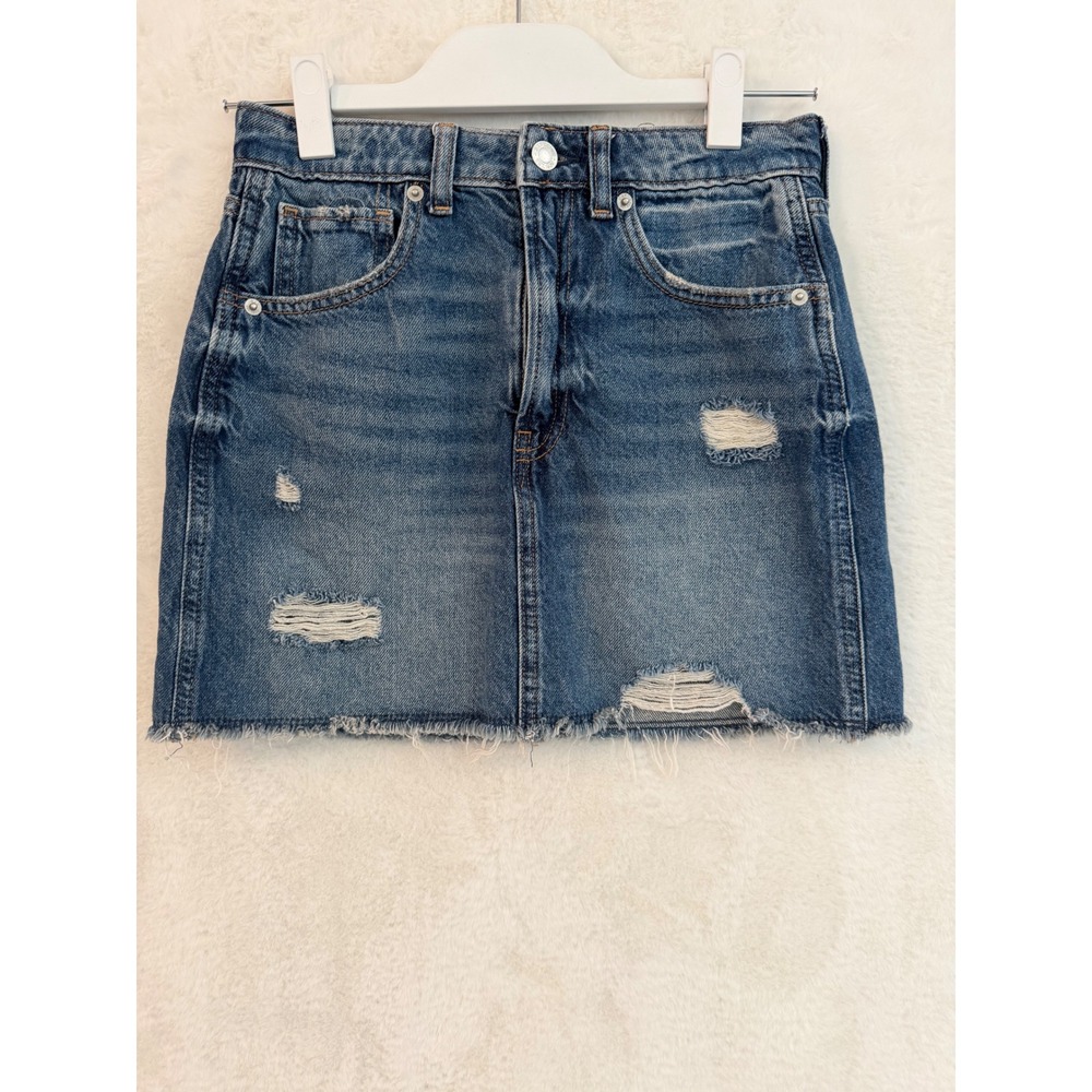 Gap Kids Girls Blue Distressed Denim Mini Skirt Size 14 Adjustable Waist Frayed
